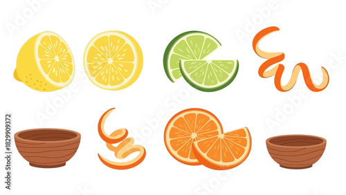 Citrus Fruits and Zest in Bowls.