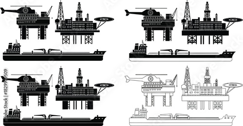 Black and white illustrations of oil rigs platforms and support vessels