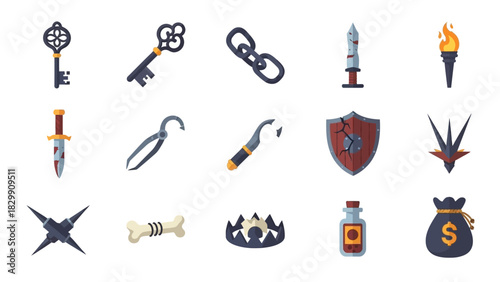 Collection of Fantasy Game Assets - Keys, Weapons, and Treasures.