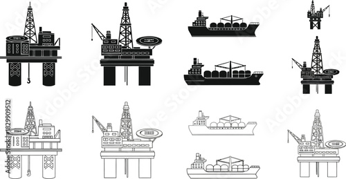 Black and white illustration of oil rigs platforms and ships at sea