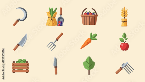 Collection of farming and gardening tools with fresh produce, harvest, agriculture, and healthy food items.