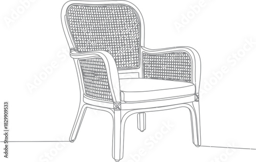 A simple sketch of a woven rattan armchair with a cushioned seat