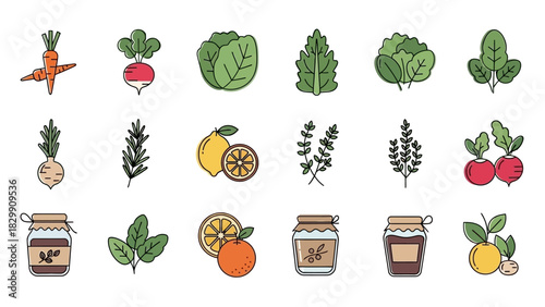 Collection of Fresh Organic Vegetables Fruits Herbs and Jams.