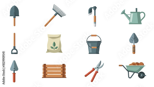 Collection of Gardening Tools and Supplies for Cultivation and Planting.