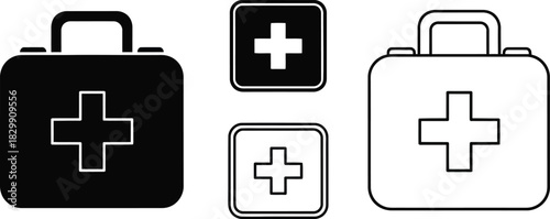 Black and white medical kit icons with a prominent plus symbol