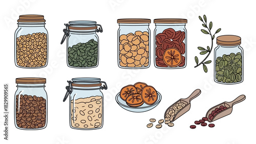 Collection of Glass Jars Filled with Various Dry Foods and Ingredients.