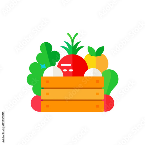 Fresh produce in a wooden crate colorful design on transparent background