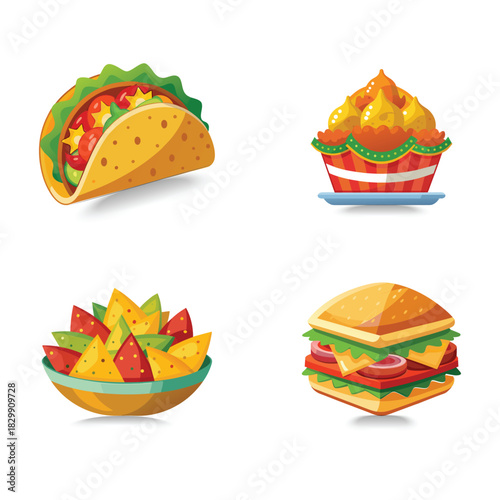 Four delicious fast food items illustrated on a white background