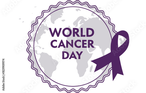 World cancer day global awareness with purple ribbon and map.