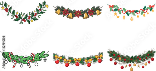 Festive christmas garland and border set isolated on transparent background, perfect for adding a touch of holiday cheer