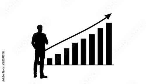 Silhouette of Businessman Analyzing Rising Bar Graph: Concept of Financial Growth, Profit, and Market Success