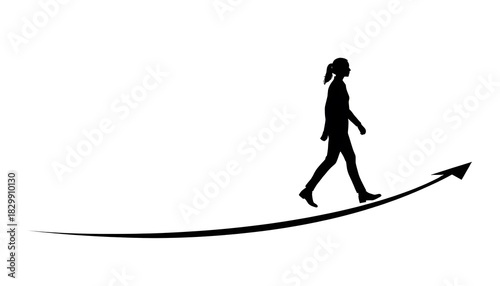 Silhouette of Woman Walking Up Rising Arrow: Concept for Career Growth, Progress, and Future Success on White Background