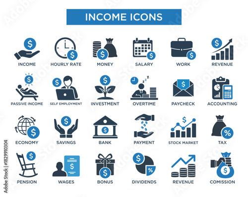 Income and Finance Icon Set – Modern Business, Money, Salary, Revenue and Accounting Symbols. Vector Icon Template