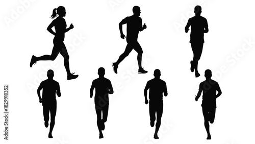 Running People Silhouettes Set. Vector Illustration of Runners, Male and Female Figures Jogging, Ideal for Sport, Fitness, Marathon, and Athletic Design Concepts.