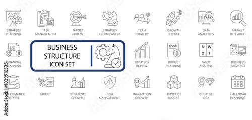 Business Structure Icon Set. Strategy, Planning, Analysis, and Growth. Modern linear icons for corporate management, financial planning, marketing, and risk management.