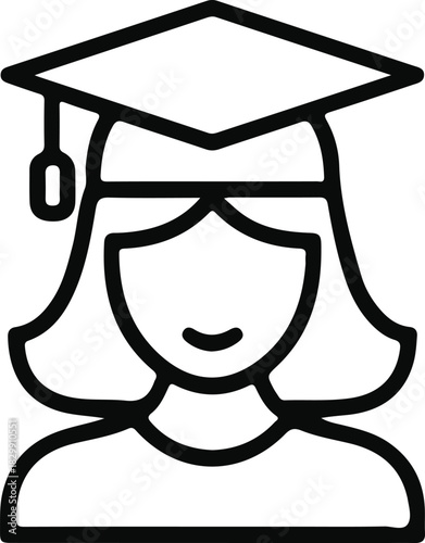 Female graduate education icon outline, Minimal black-and-white line icon depicting a female graduate wearing a mortarboard, useful for education, learning, school apps, and academic design.

