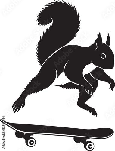 Silhouette of a squirrel riding a skateboard in mid air