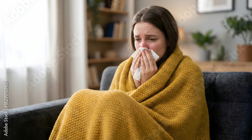 Sick Young Woman Blowing Nose on Couch with Yellow Blanket