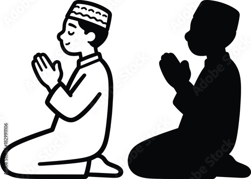 Muslim man praying in traditional clothing with hands folded and head bowed vector islamic icon
