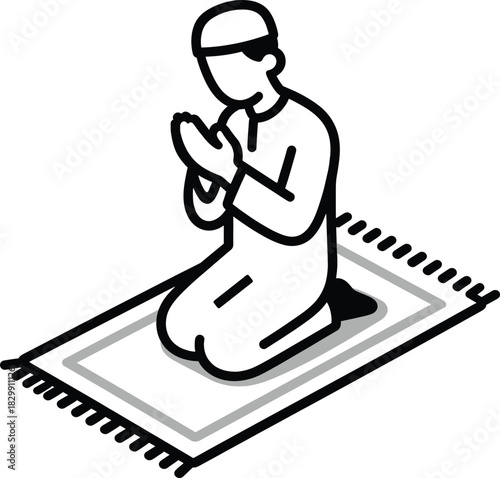 Muslim man praying on prayer mat isometric line art design, islamic icon for ramadan, eid al-fitr, and eid al-adha