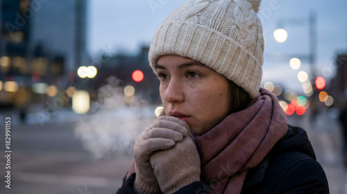Young Woman Shivering in Cold Urban Winter Evening with Visible Breath