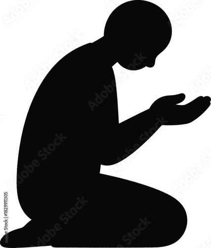Muslim pray silhouette illustration kneeling in devotion with cupped hands, profound islamic icon of worship and meditation