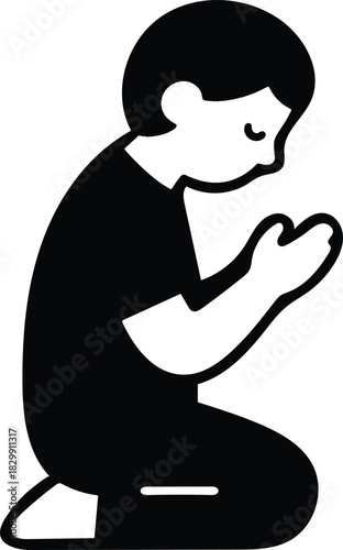 Muslim pray icon featuring a kneeling figure in prayer, hands joined in supplication, clean and simple vector art