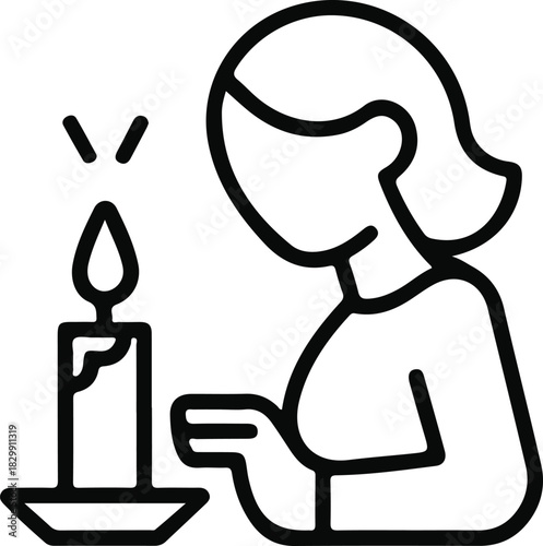 Woman lighting candle prayer line icon, Minimal outline icon of a woman holding a match or lighter near a burning candle, symbolizing prayer, mindfulness, remembrance, or spiritual rituals.

