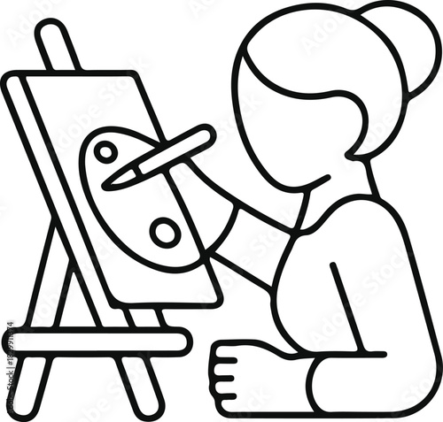 Woman painting on easel artist line icon, Minimal outline icon of a woman painting at an easel, symbolizing creativity, art practice, artistic work, hobbies, and creative expression.


