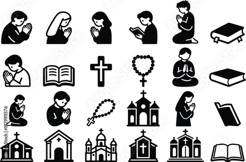 People praying, bibles, crosses, rosaries, and church buildings vector islamic icon collection