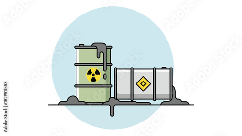 Toxic Waste Spillage Illustration. Leaking Barrel with Radiation Symbol and Chemical Tank Icon. Environmental Pollution and Industrial Hazard Concept Vector