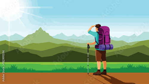 Hiker Backpacking and Looking Out Over Green Mountain Landscape Vector Illustration