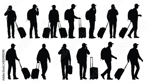 Collection of Traveler Silhouettes: Men Walking with Rolling Luggage and Backpacks, Talking on Mobile Phones. Vector illustration for travel and airport design.