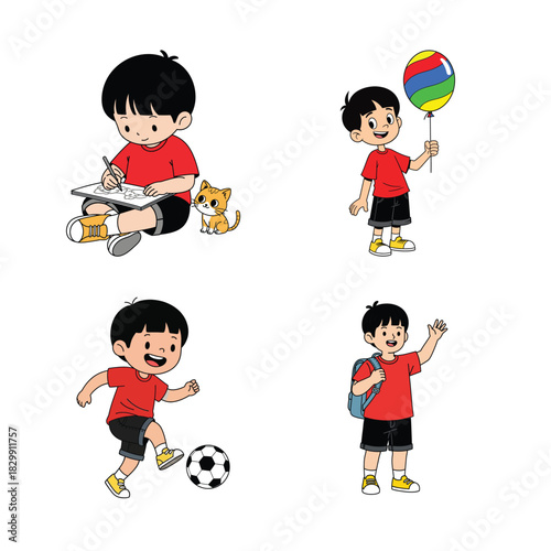 Set of four cartoon boys engaged in various activities like drawing, holding a balloon, playing soccer, and waving.