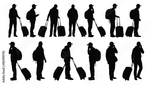 Set of Traveling Men Silhouettes. Vector illustration collection of male travelers walking and standing with luggage, wheeled bags, and backpacks, isolated figures for graphic design.