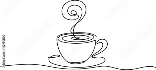 Continuous line drawing of a steaming coffee cup on a saucer, minimalist artistic illustration, ideal for cafe, beverage, and relaxation themes. Vector, illustration