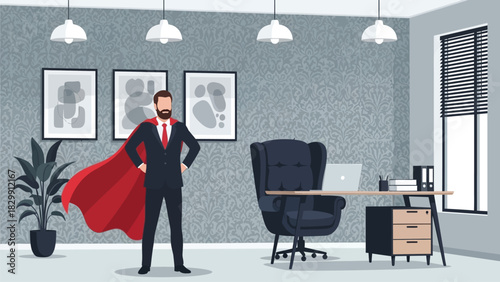 Superhero Businessman Standing Confidently in Modern Office. Vector Illustration of Corporate Leadership and Success
