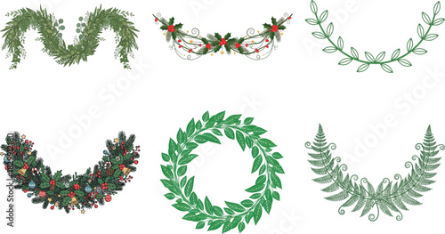Collection of festive christmas decorations isolated on transparent background, including wreaths, garlands, and swags