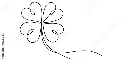 Elegant one line art drawing of a four-leaf clover, representing luck, fortune, and nature, isolated on a clean white background for graphic design projects. Vector, illustration