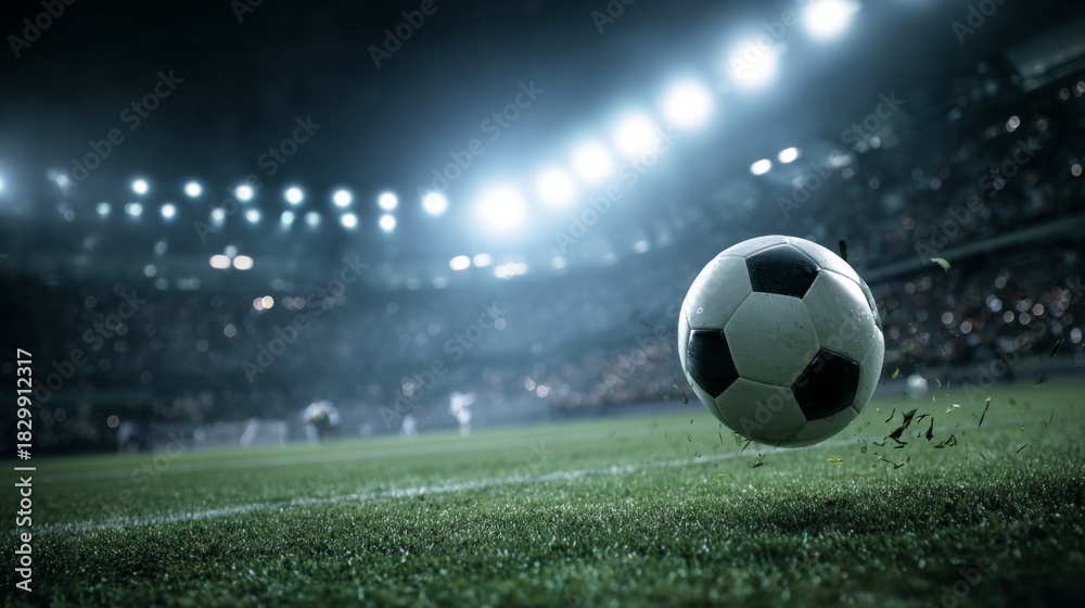 Naklejka premium Dynamic Close-Up of a Soccer Ball Rolling on a Vibrant Field Under Stadium Lights with Exciting Crowd in the Background