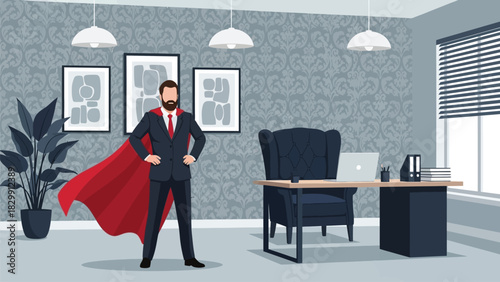 Confident Bearded Businessman in Suit and Red Superhero Cape Standing in Luxury Executive Office