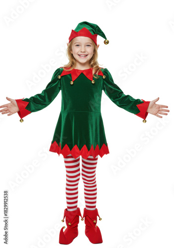 young caucasian girl in a detailed green velvet christmas elf costume, smiling wide with arms spread, isolated on a white studio background with 'happy holidays' text. concept of joyful christmas