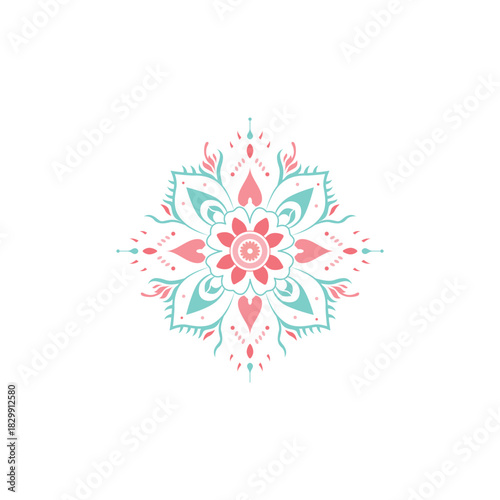 Delicate floral mandala in soft coral and mint tones, featuring symmetrical petals, heart accents, and intricate decorative details for elegant boho-inspired designs.