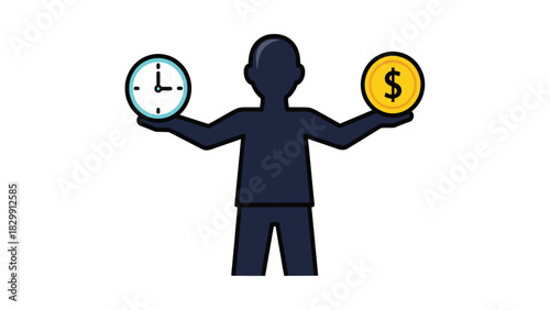 Time is Money Concept. Vector Illustration of Person Balancing Clock and Dollar Coin.