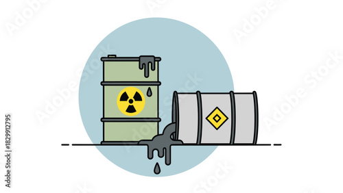 Leaking Hazardous Waste Barrels Illustration. Toxic Spill from Drums with Radiation and Caution Symbols, Representing Pollution and Environmental Danger.