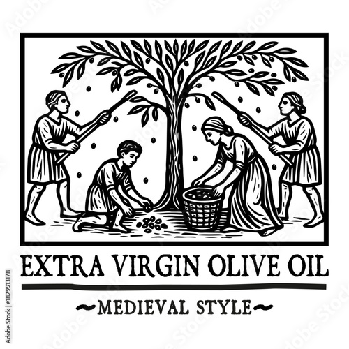 Medieval style illustration depicting traditional olive harvesting, engraving woodcut design isolated on white background.