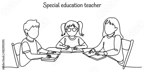 Special education teacher helping two students read books at a table in a classroom, fostering an inclusive learning environment. Vector, illustration
