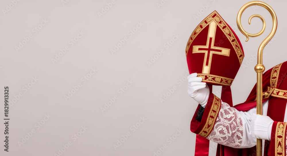 Obraz premium Red sinterklaas hat Mitre, decorative staff, festive attire and dutch holiday spirit. traditional Saint Nicolas day five december. Sinterklaas greeting card. Festive day in Netherlands, Belgium