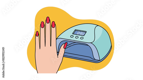 Hand with Red Gel Manicure Curing Nails in UV LED Lamp. Nail Salon Equipment and Beauty Procedure Vector Illustration.
