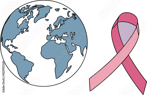 Global breast cancer awareness represented by pink ribbon and world.